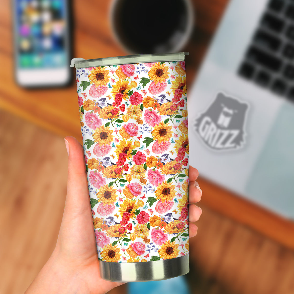 Butterfly Sunflowers Peonies Print Pattern Tumbler-grizzshop