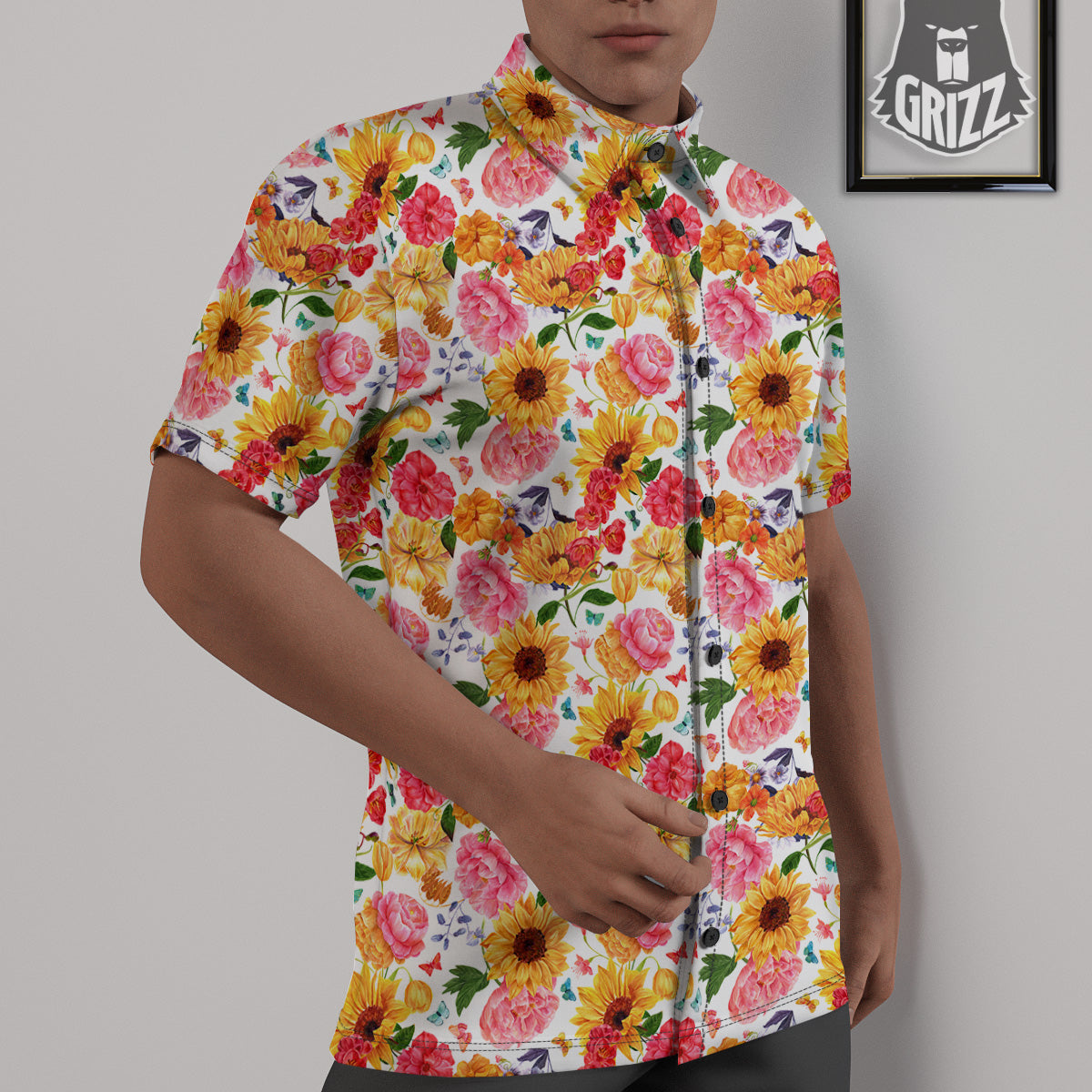 Butterfly Sunflowers Peonies Print Pattern Untucked Shirts-grizzshop