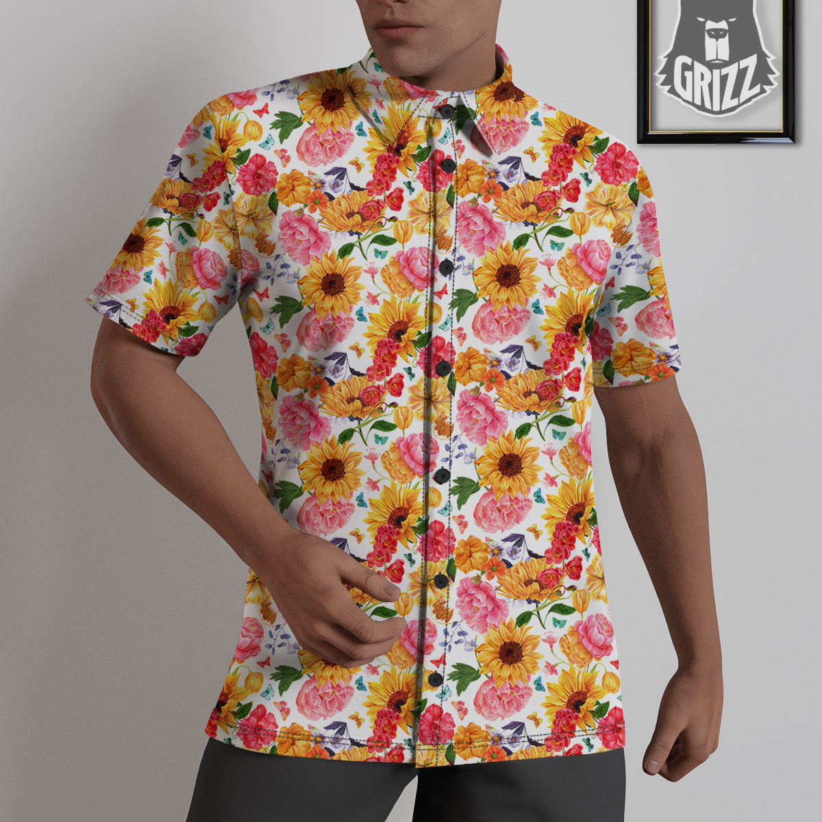 Butterfly Sunflowers Peonies Print Pattern Untucked Shirts-grizzshop