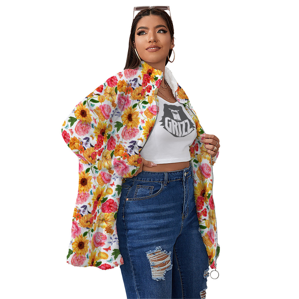 Butterfly Sunflowers Peonies Print Pattern Women's Sherpa Jacket-grizzshop