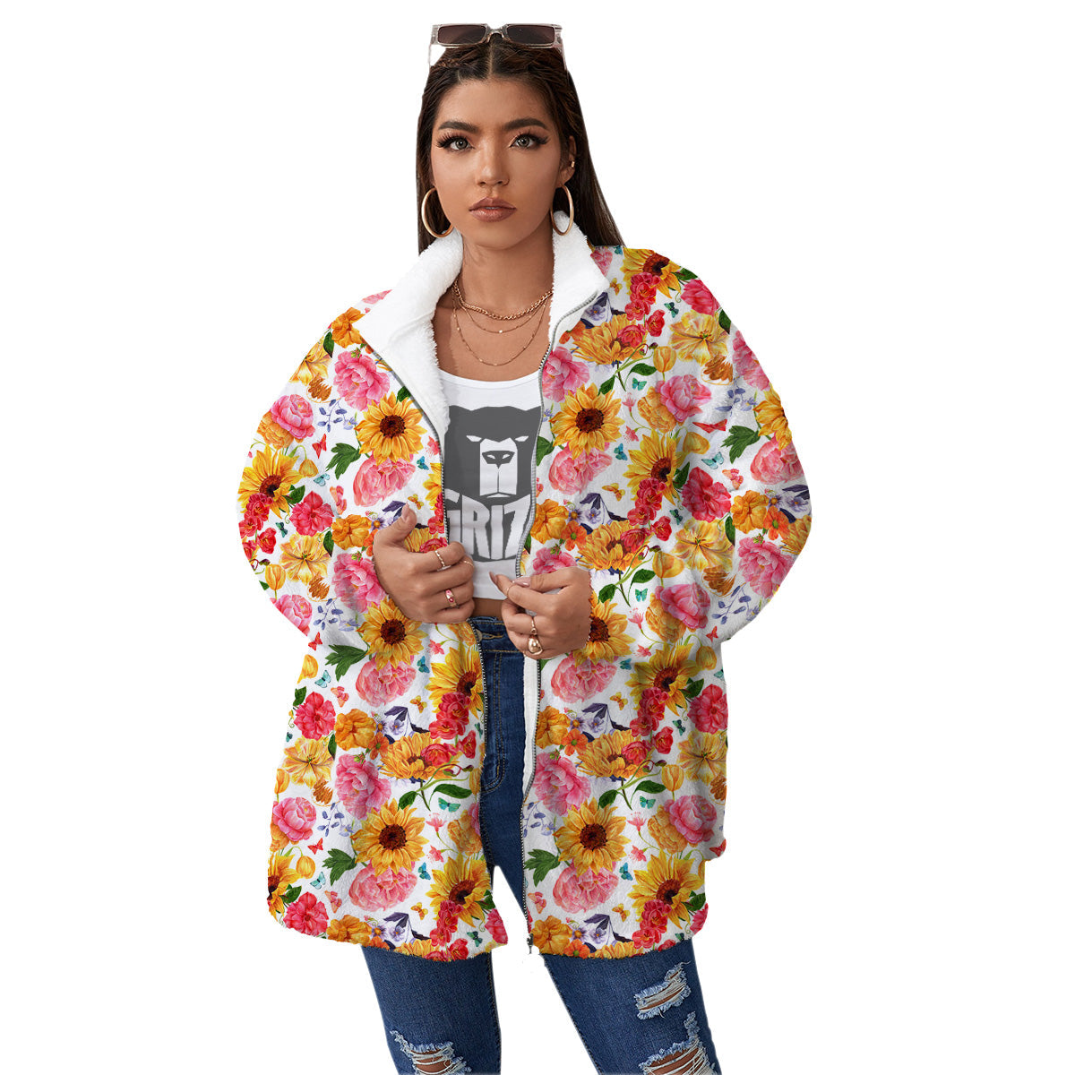 Butterfly Sunflowers Peonies Print Pattern Women's Sherpa Jacket-grizzshop