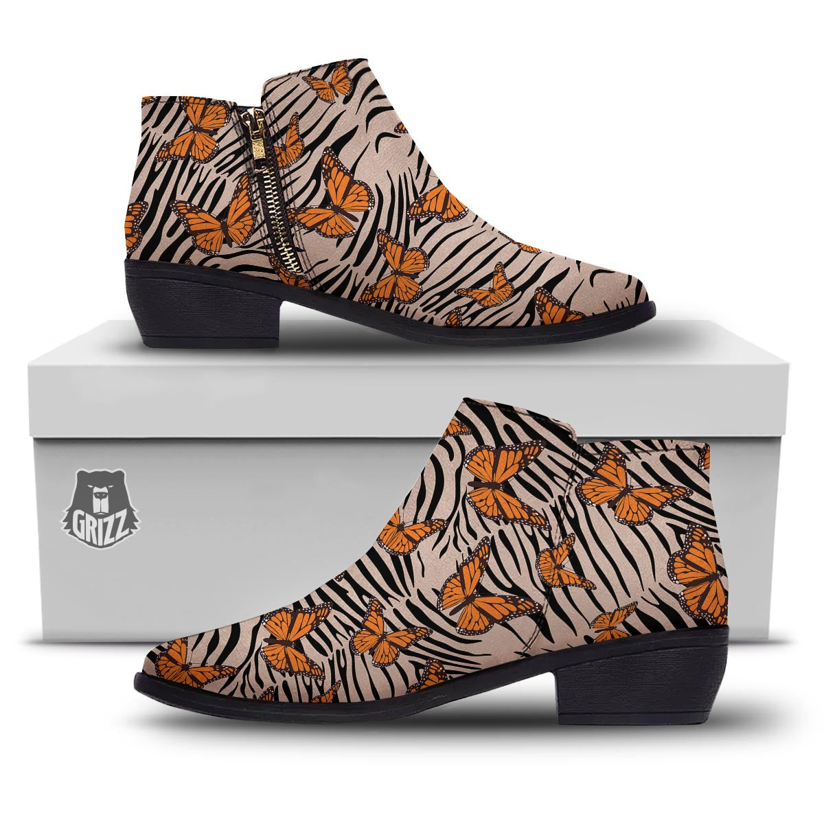 Butterfly Tiger Monarch Print Pattern Ankle Boots-grizzshop