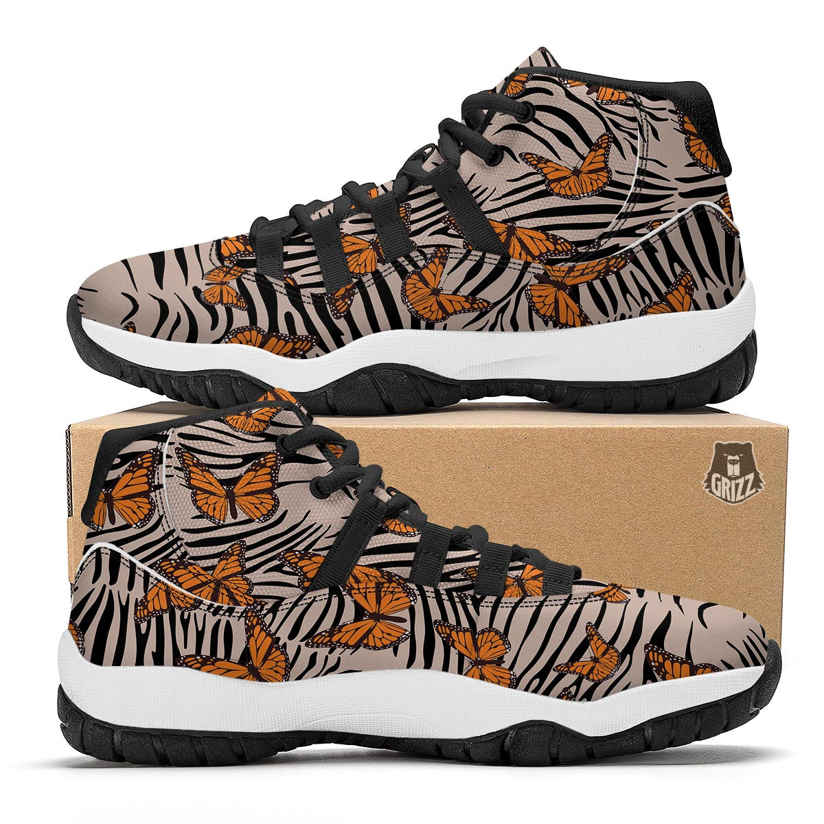 Butterfly Tiger Monarch Print Pattern Black Bball Shoes-grizzshop