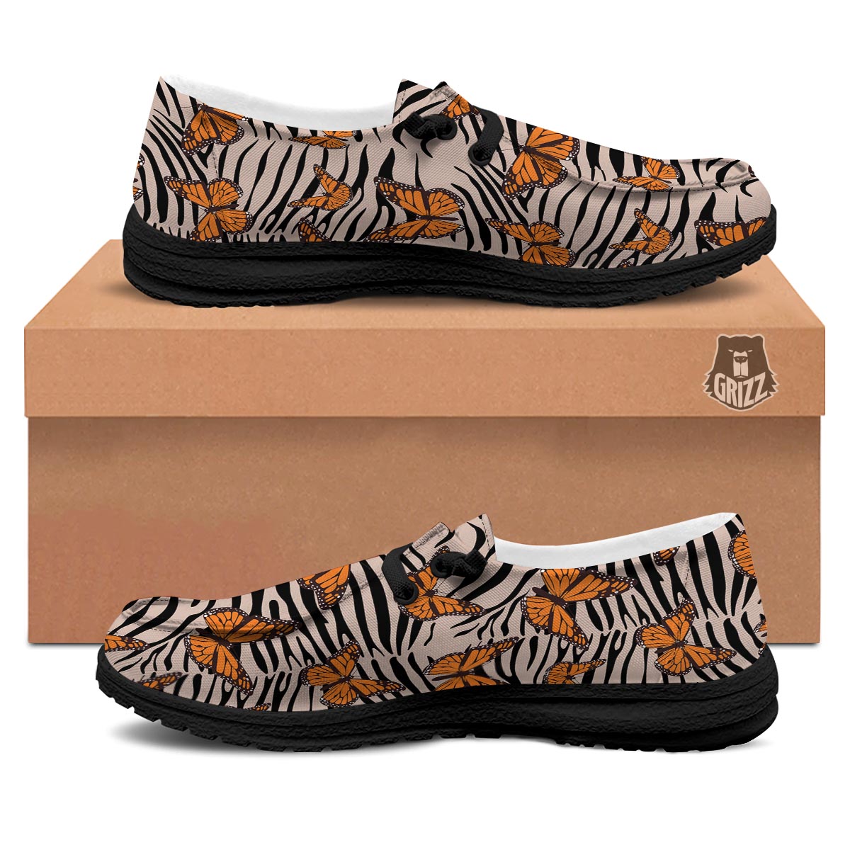 Butterfly Tiger Monarch Print Pattern Black Loafers-grizzshop