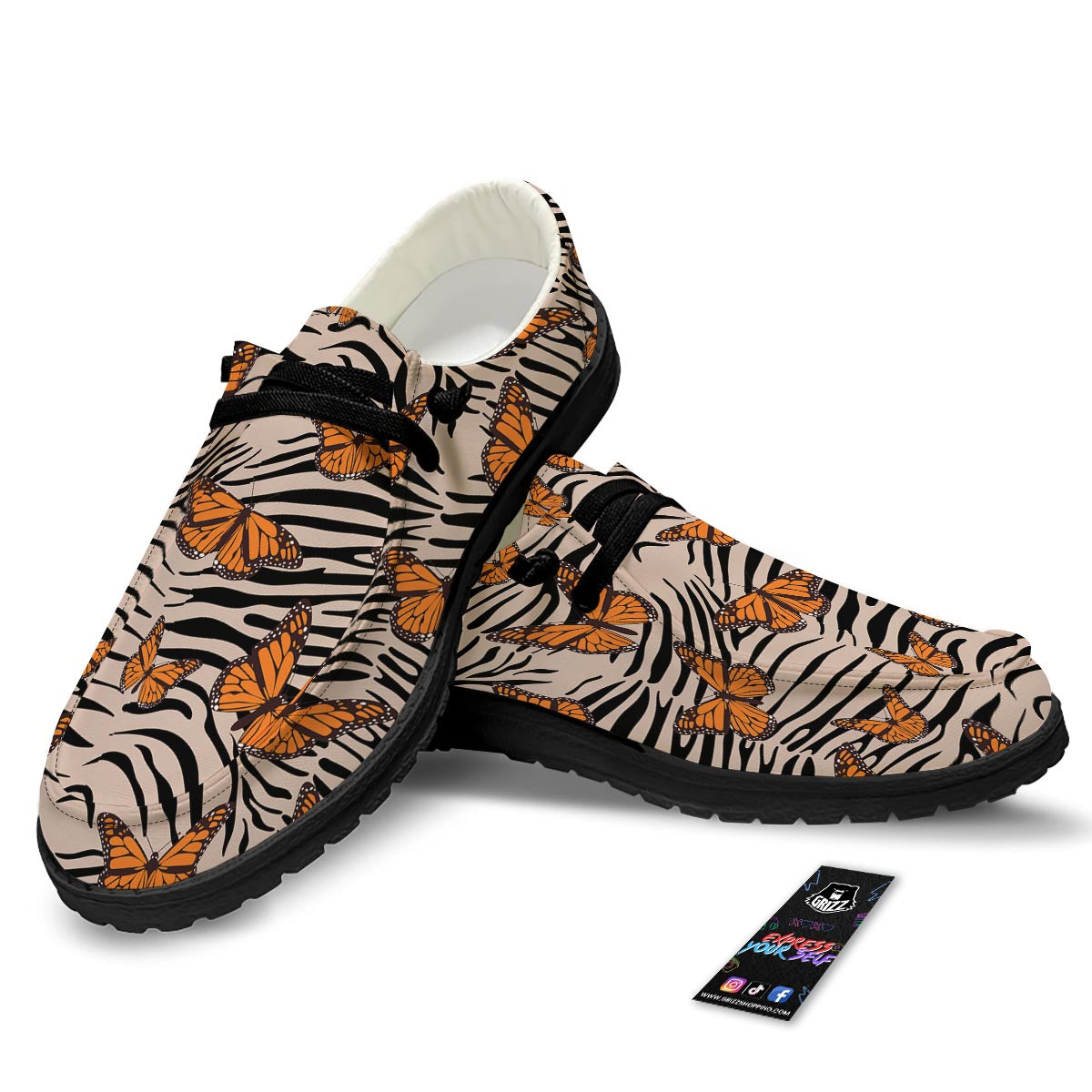 Butterfly Tiger Monarch Print Pattern Black Loafers-grizzshop