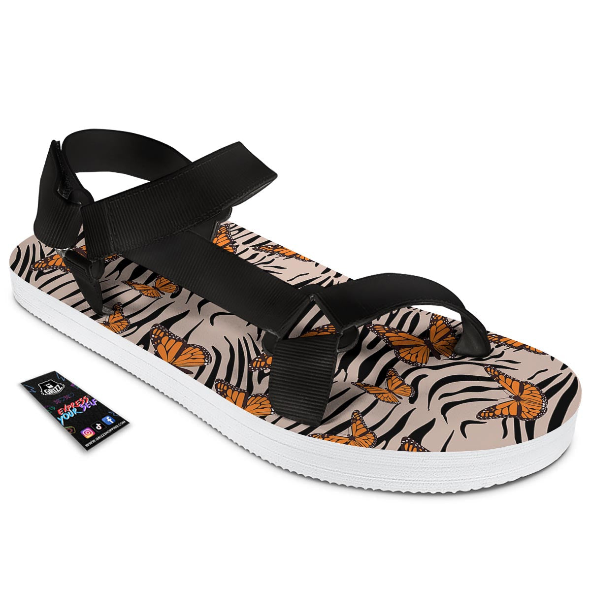 Butterfly Tiger Monarch Print Pattern Black Open Toe Sandals-grizzshop