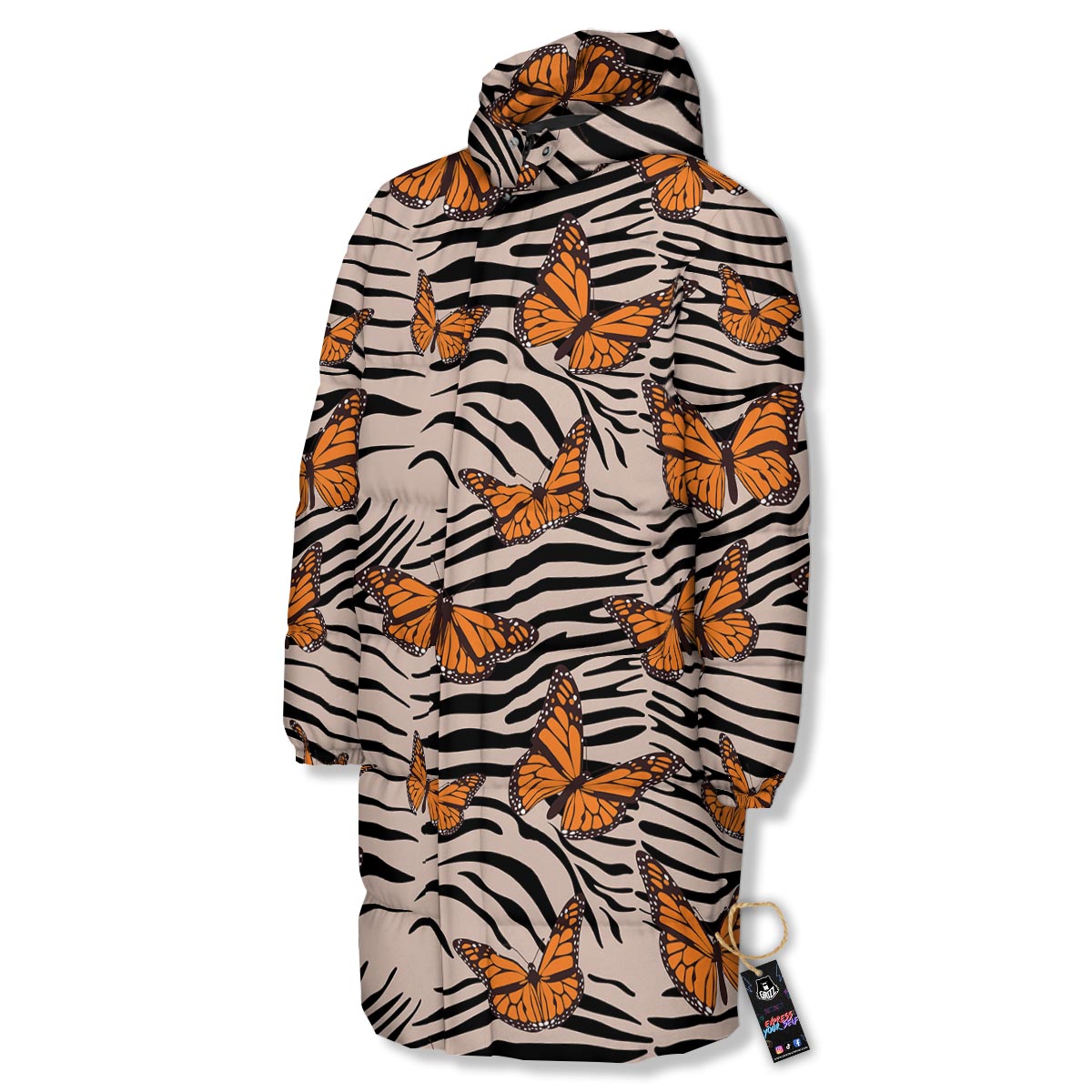 Butterfly Tiger Monarch Print Pattern Long Down Jacket-grizzshop