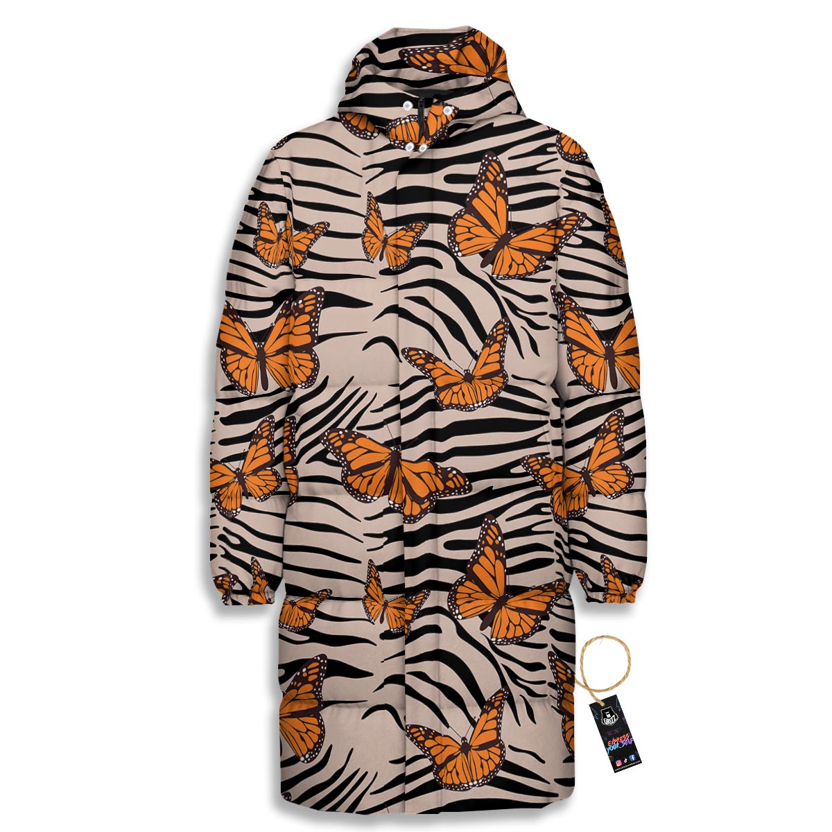 Butterfly Tiger Monarch Print Pattern Long Down Jacket-grizzshop