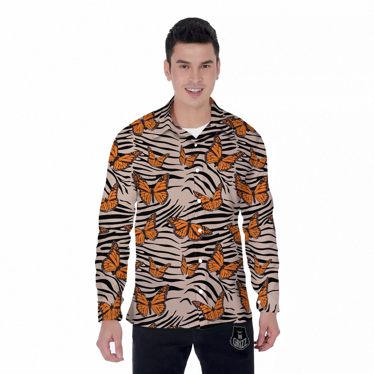 Butterfly Tiger Monarch Print Pattern Men's Long Sleeve Shirts-grizzshop