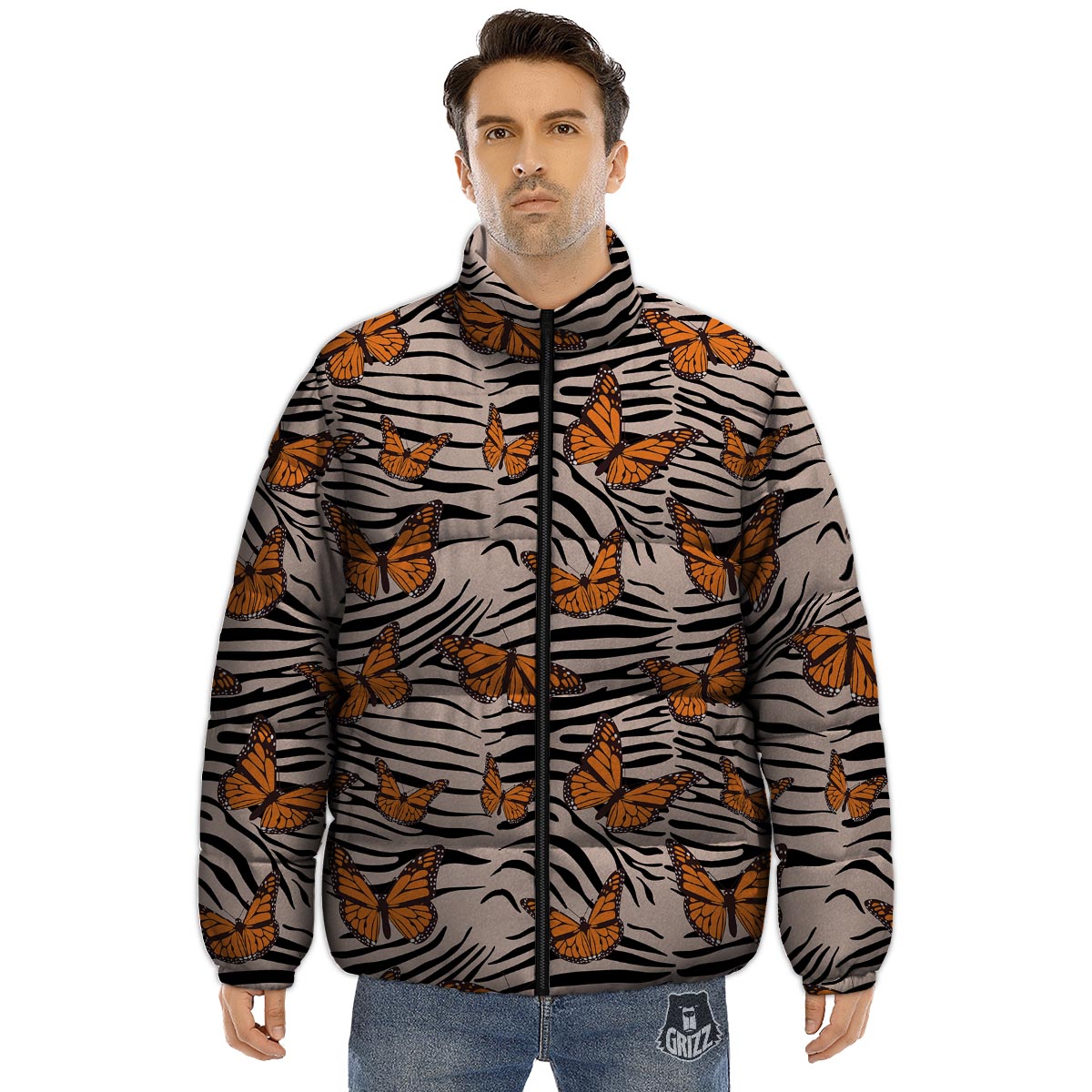 Butterfly Tiger Monarch Print Pattern Puffer Jacket-grizzshop