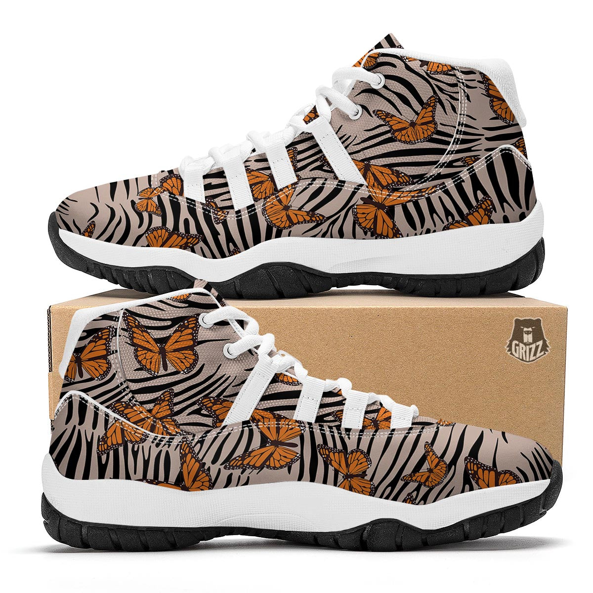 Butterfly Tiger Monarch Print Pattern White Bball Shoes-grizzshop