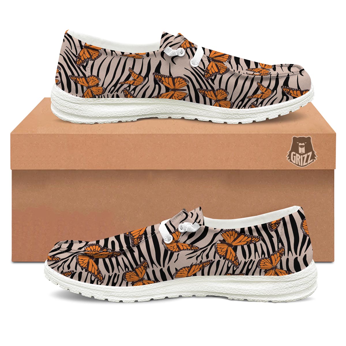 Butterfly Tiger Monarch Print Pattern White Loafers-grizzshop