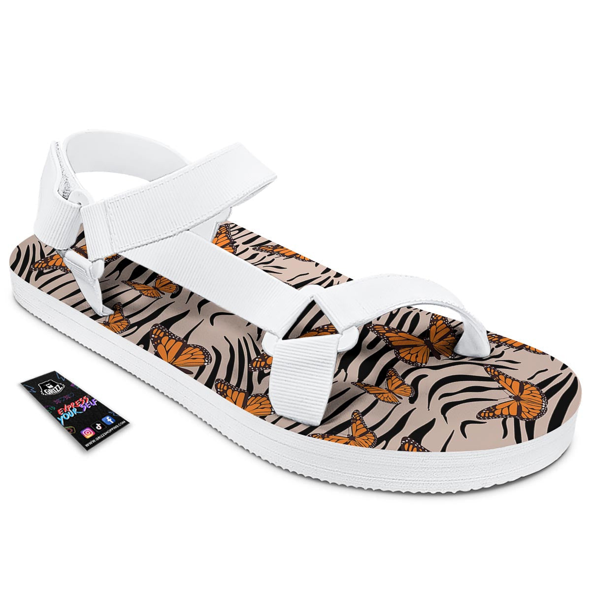 Butterfly Tiger Monarch Print Pattern White Open Toe Sandals-grizzshop