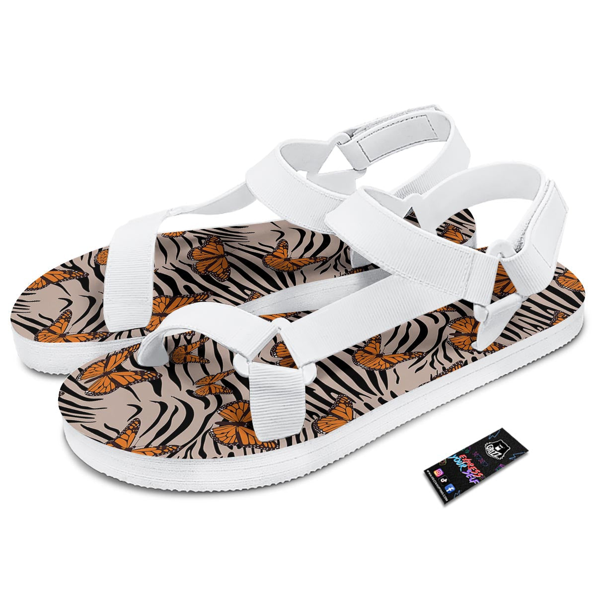 Butterfly Tiger Monarch Print Pattern White Open Toe Sandals-grizzshop