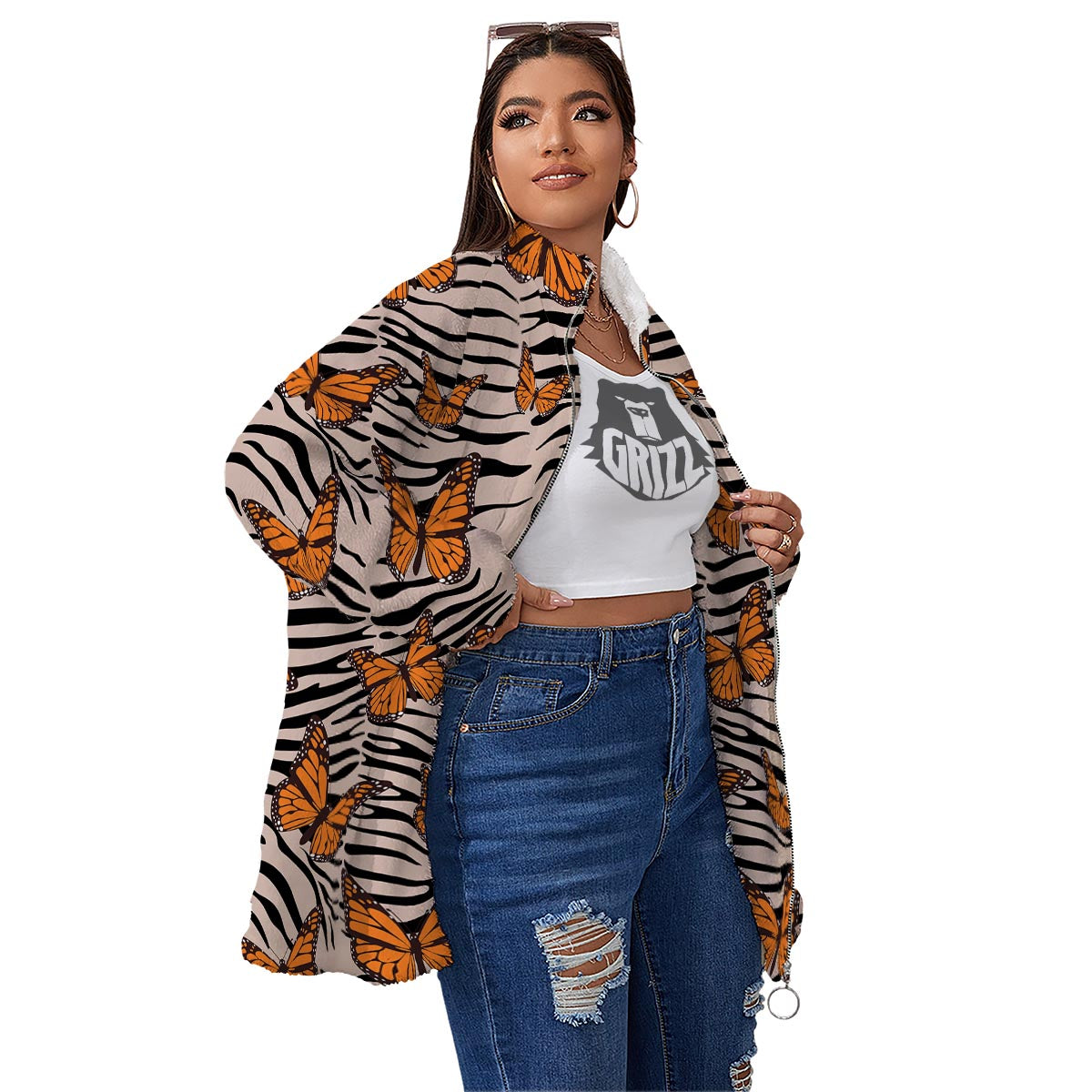 Butterfly Tiger Monarch Print Pattern Women's Sherpa Jacket-grizzshop