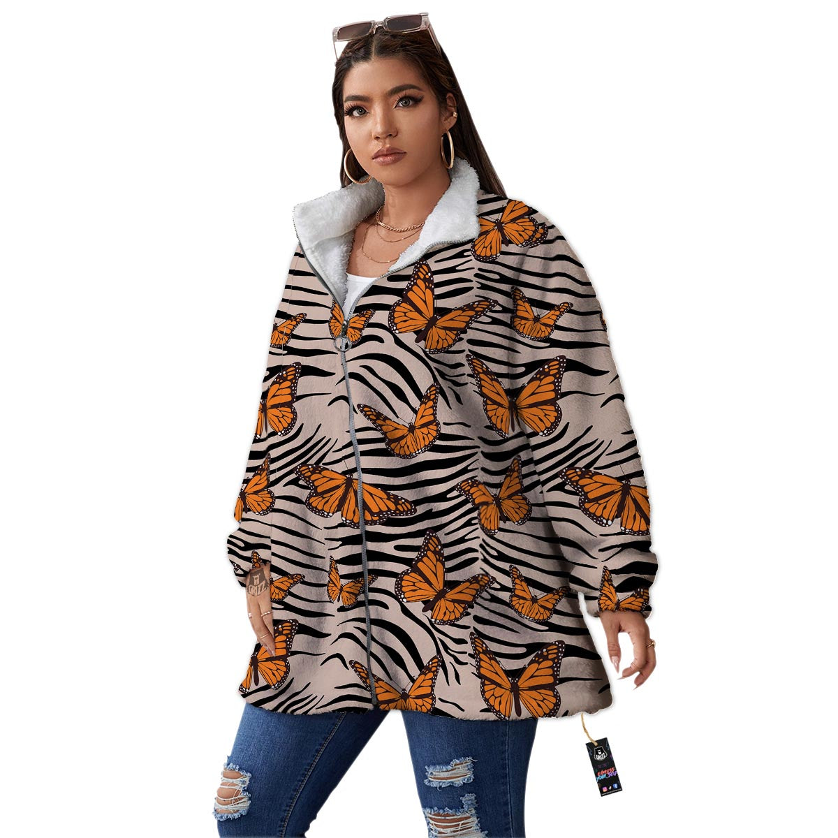 Butterfly Tiger Monarch Print Pattern Women's Sherpa Jacket-grizzshop
