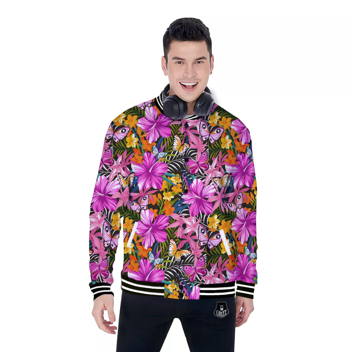 Butterfly Tropical Print Pattern Baseball Jacket-grizzshop
