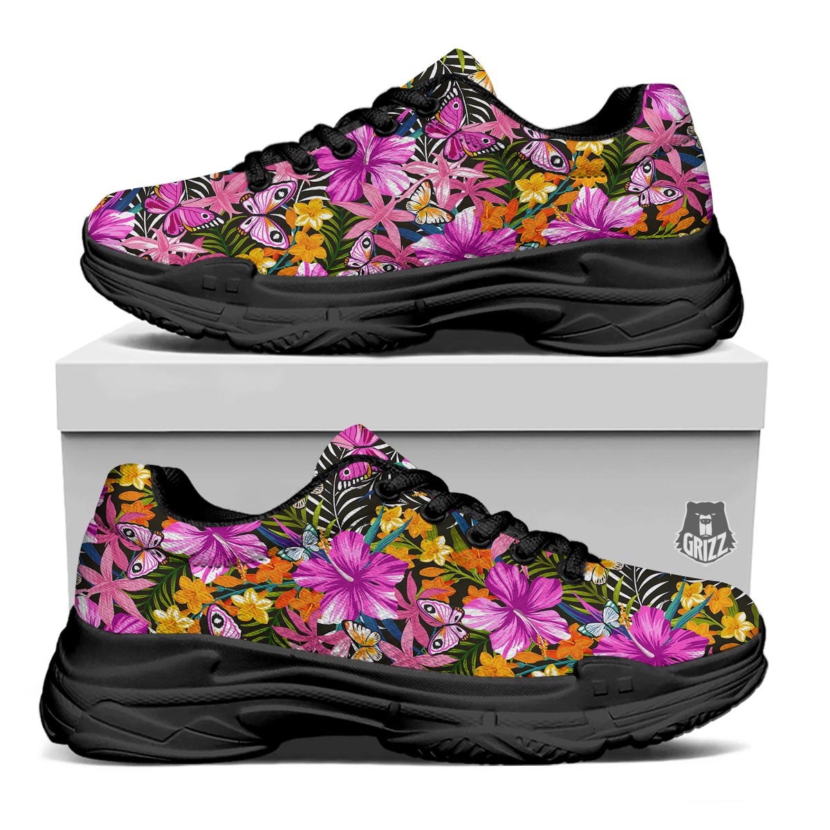 Butterfly Tropical Print Pattern Black Chunky Shoes-grizzshop