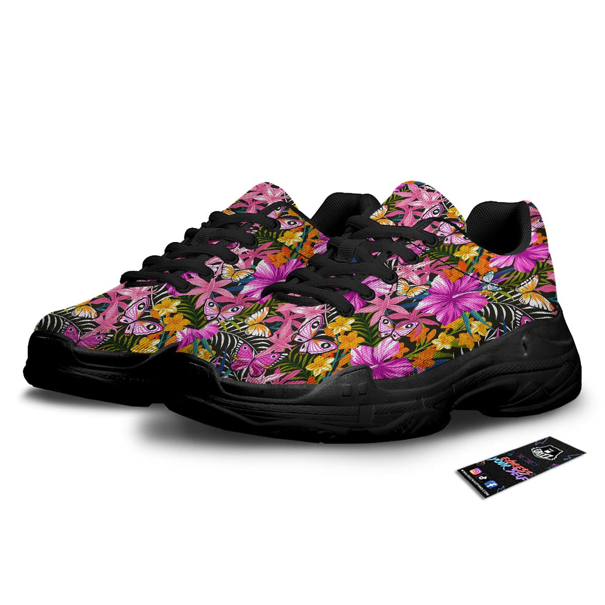 Butterfly Tropical Print Pattern Black Chunky Shoes-grizzshop