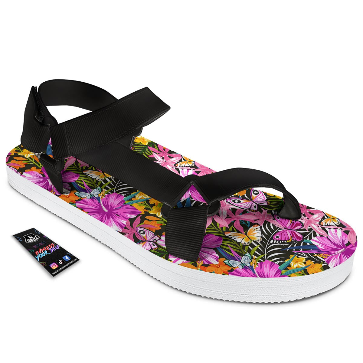 Butterfly Tropical Print Pattern Black Open Toe Sandals-grizzshop
