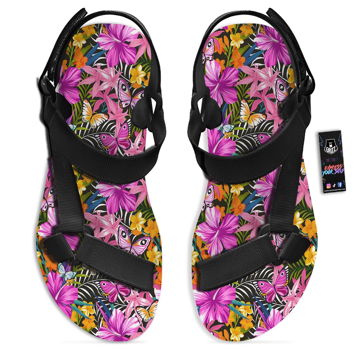 Butterfly Tropical Print Pattern Black Open Toe Sandals-grizzshop