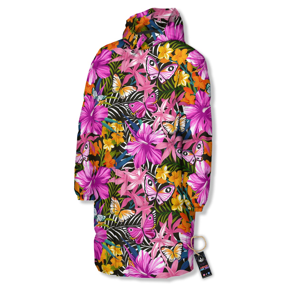 Butterfly Tropical Print Pattern Long Down Jacket-grizzshop