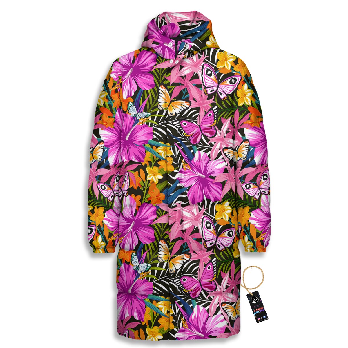 Butterfly Tropical Print Pattern Long Down Jacket-grizzshop