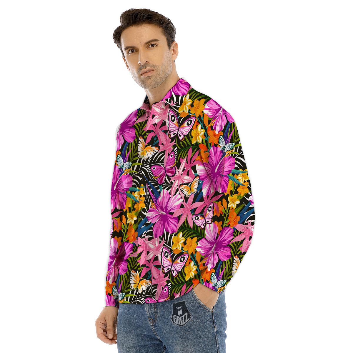 Butterfly Tropical Print Pattern Men's Dress Shirts-grizzshop
