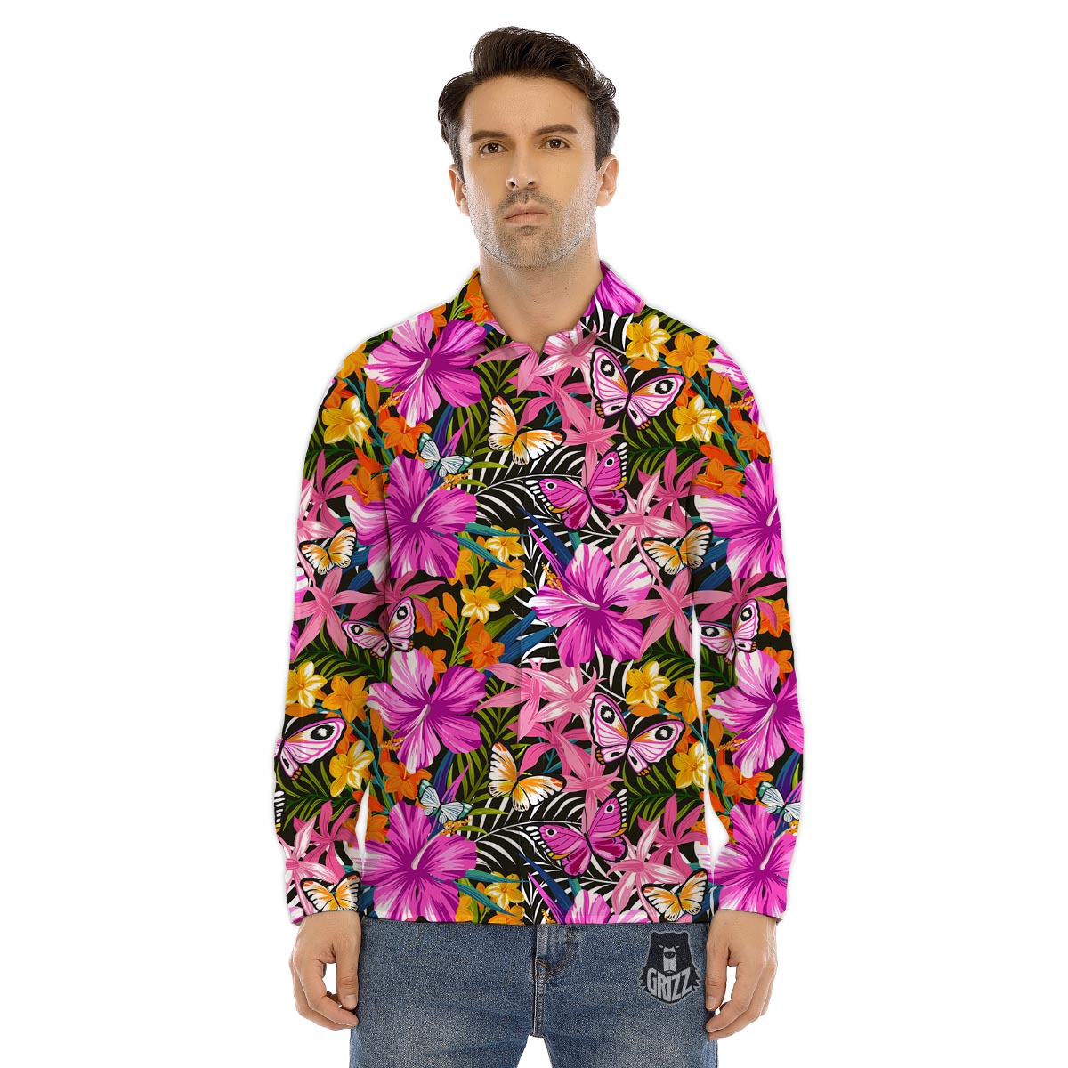 Butterfly Tropical Print Pattern Men's Dress Shirts-grizzshop