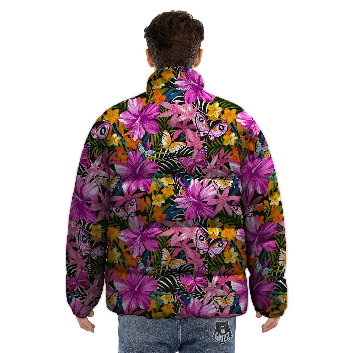 Butterfly Tropical Print Pattern Puffer Jacket-grizzshop