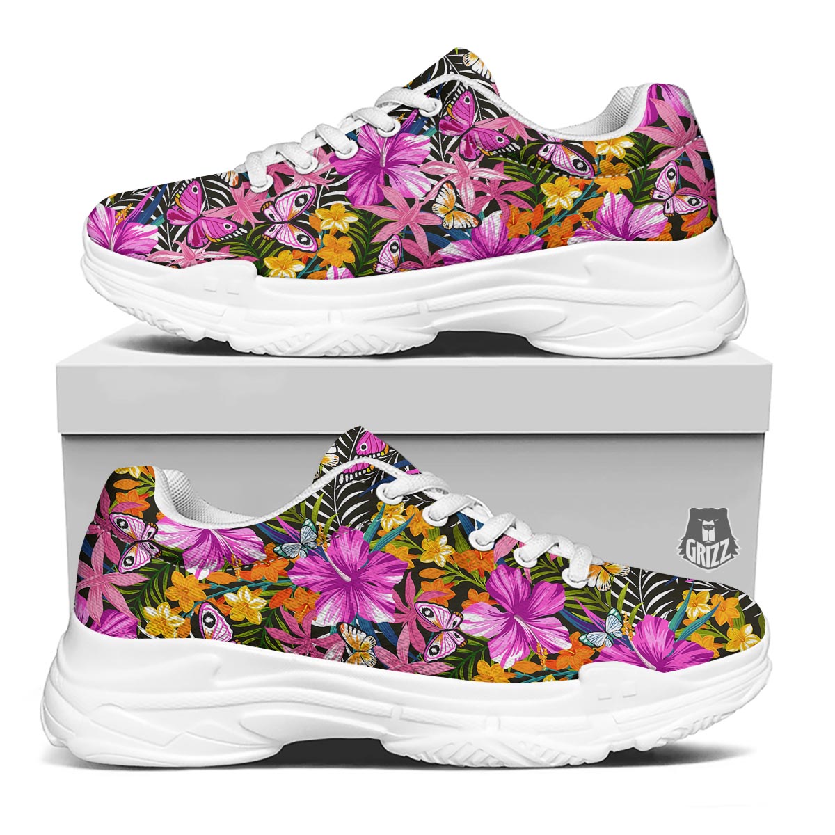 Butterfly Tropical Print Pattern White Chunky Shoes-grizzshop