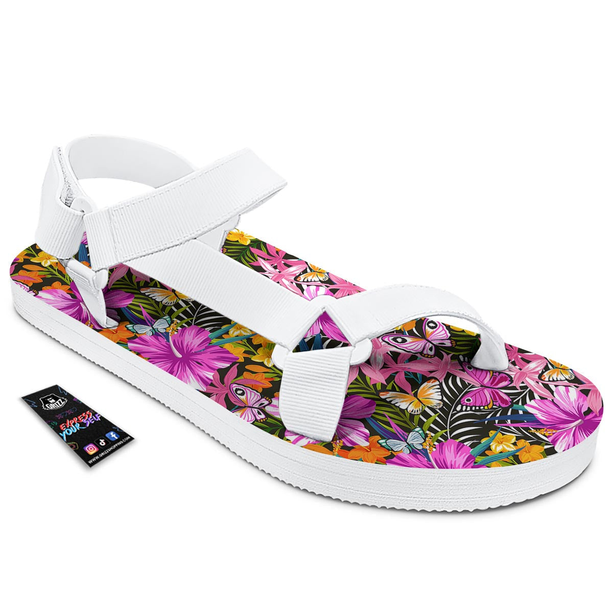 Butterfly Tropical Print Pattern White Open Toe Sandals-grizzshop