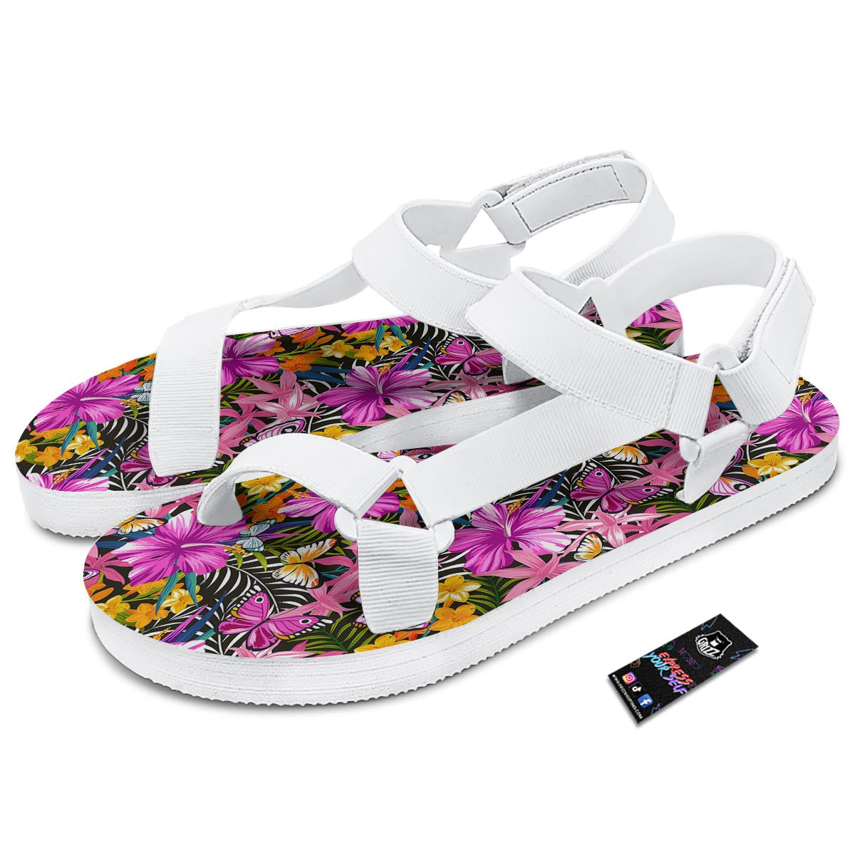 Butterfly Tropical Print Pattern White Open Toe Sandals-grizzshop