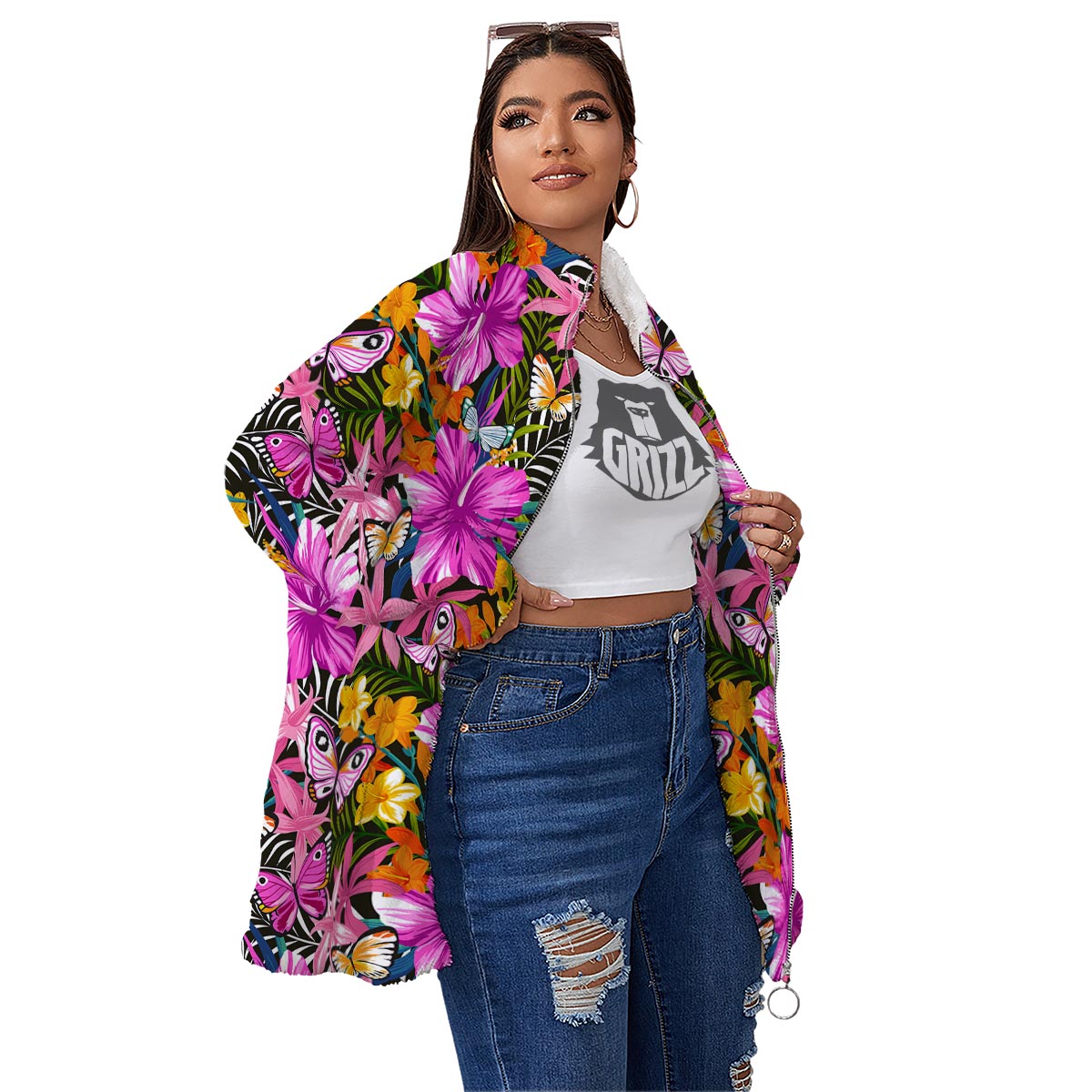 Butterfly Tropical Print Pattern Women's Sherpa Jacket-grizzshop