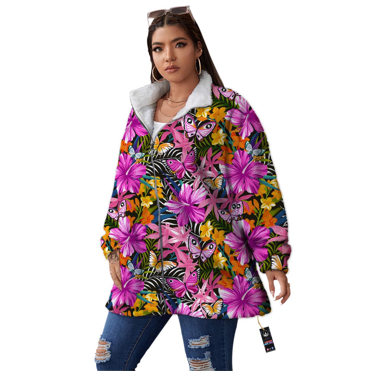 Butterfly Tropical Print Pattern Women's Sherpa Jacket-grizzshop