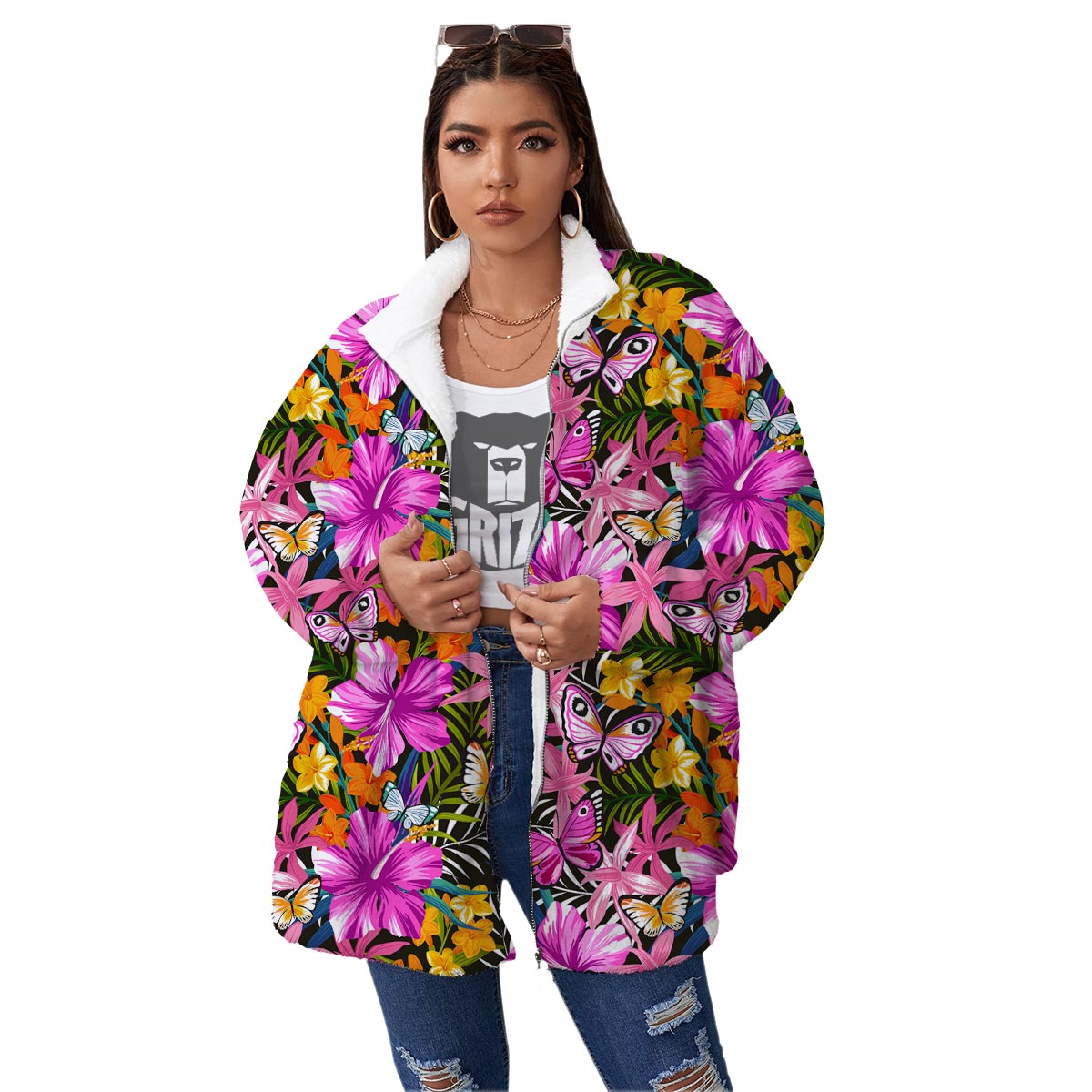 Butterfly Tropical Print Pattern Women's Sherpa Jacket-grizzshop