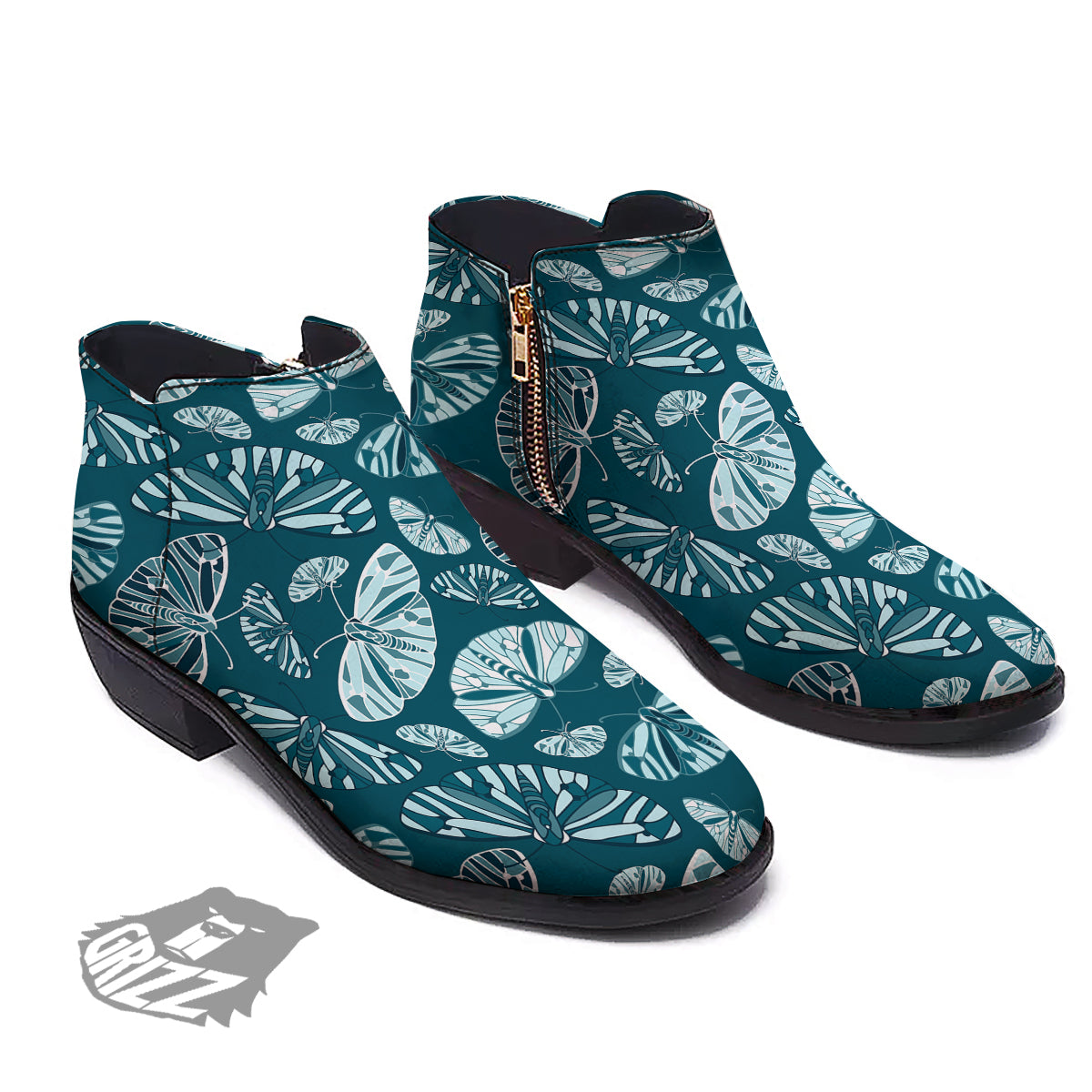 Butterfly Turquoise Print Pattern Ankle Boots-grizzshop
