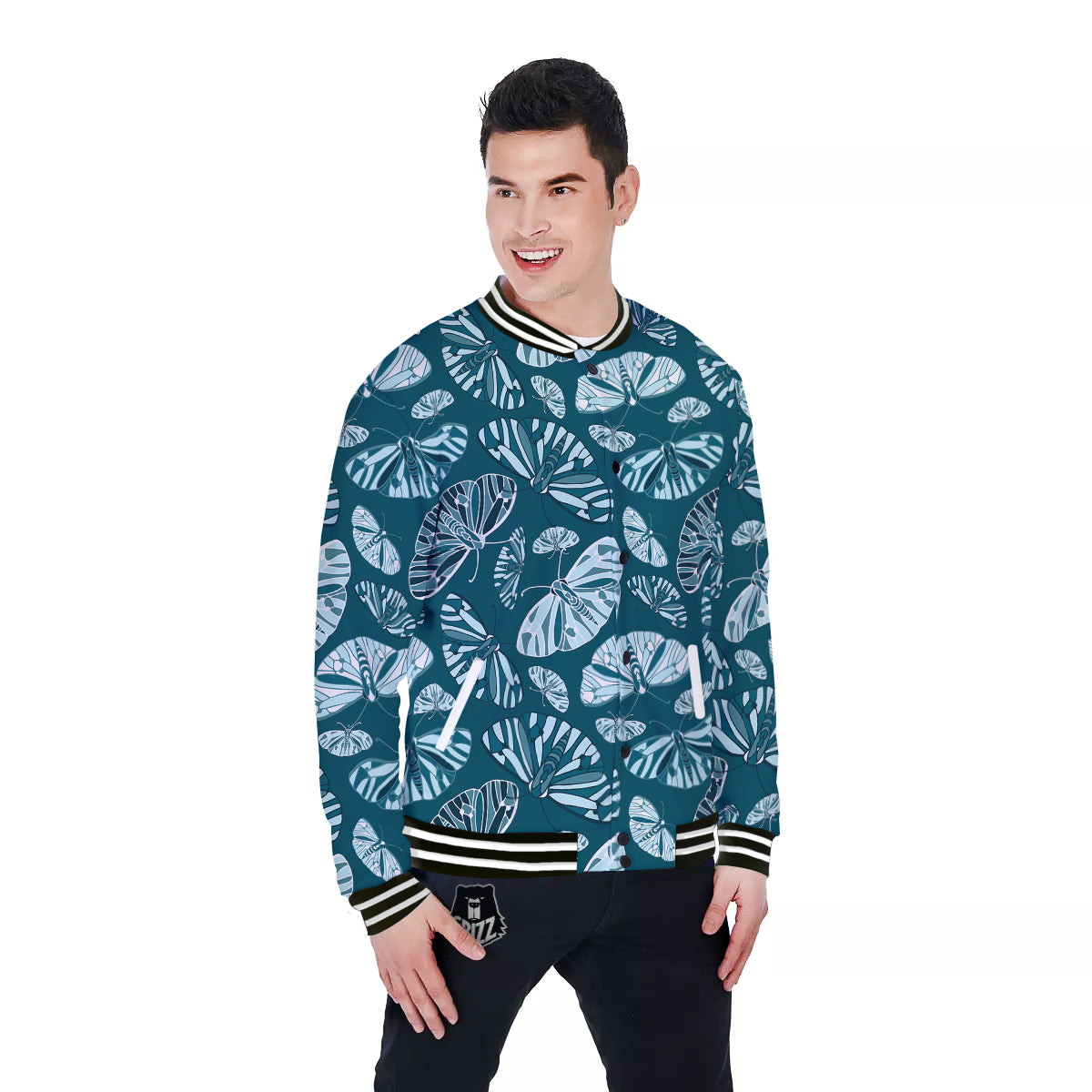 Butterfly Turquoise Print Pattern Baseball Jacket-grizzshop