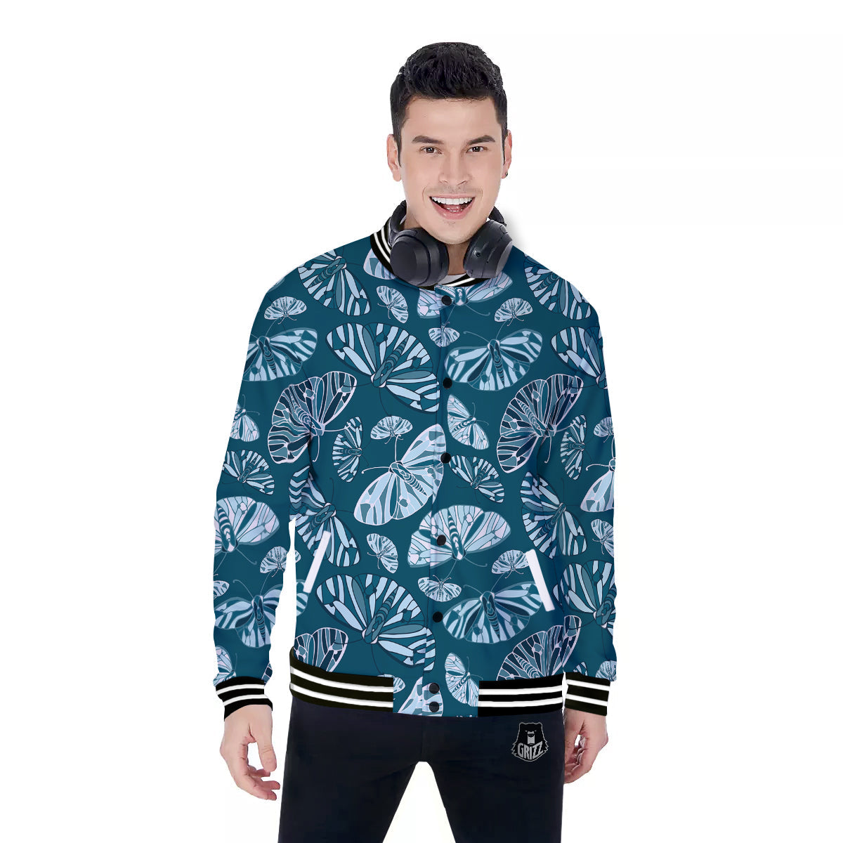 Butterfly Turquoise Print Pattern Baseball Jacket-grizzshop