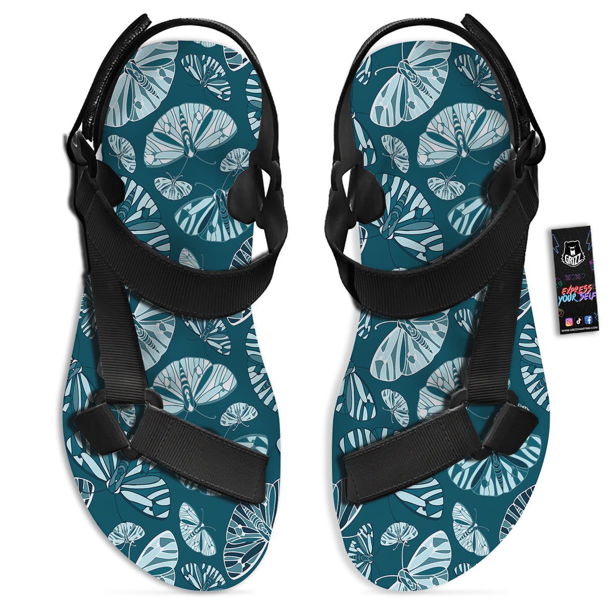 Butterfly Turquoise Print Pattern Black Open Toe Sandals-grizzshop