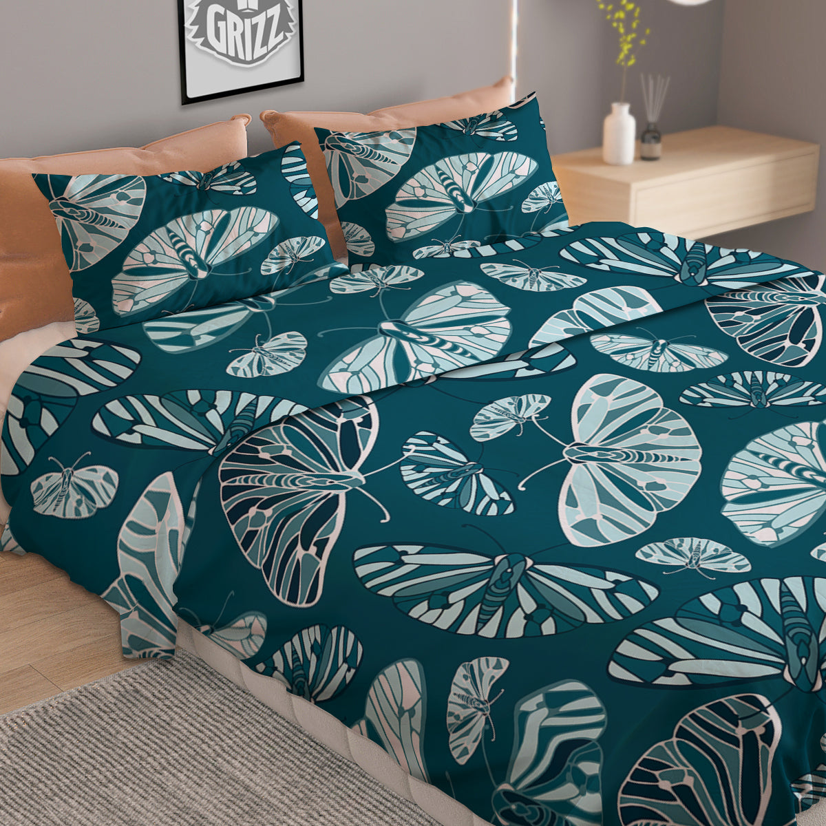 Butterfly Turquoise Print Pattern Duvet Cover Bedding Set