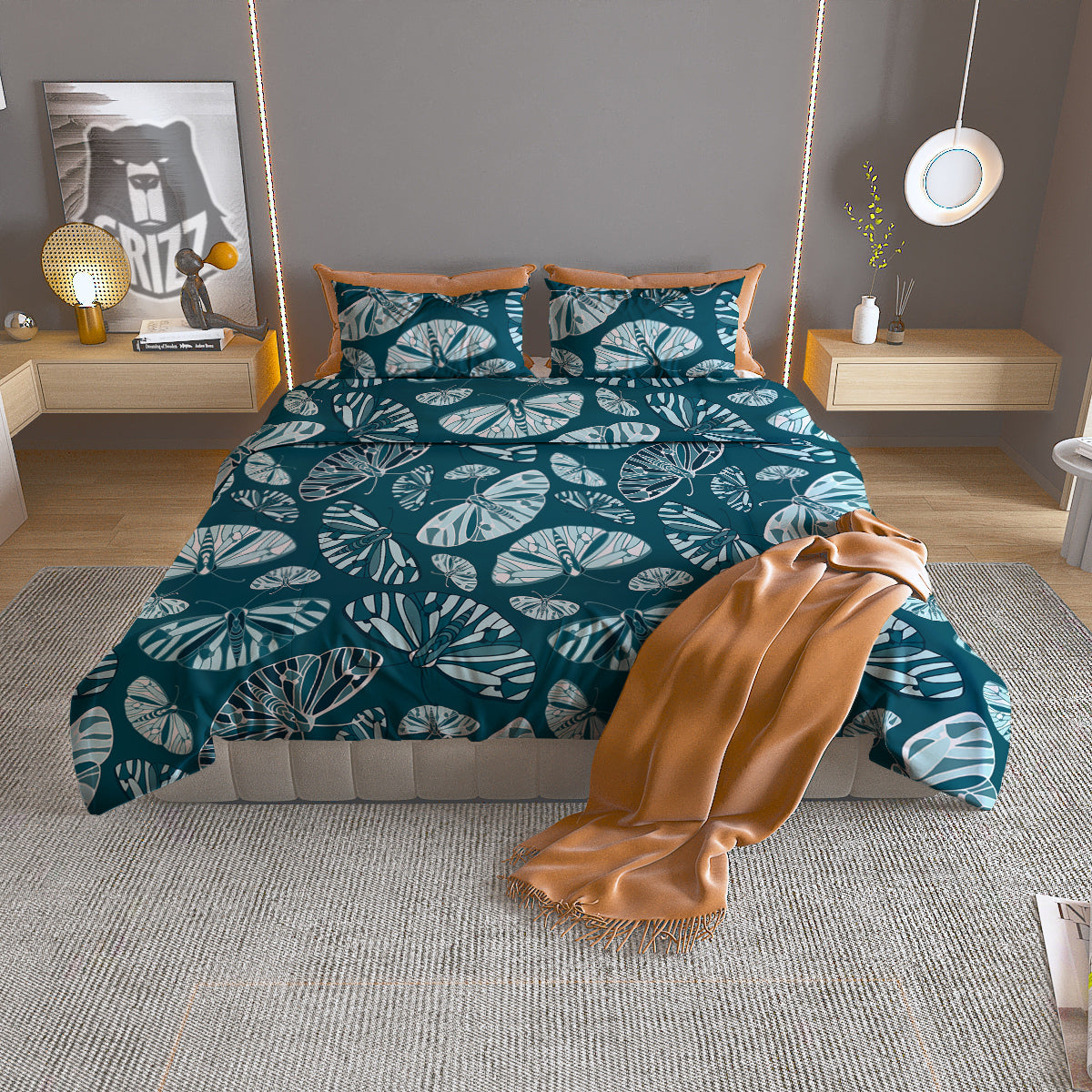 Butterfly Turquoise Print Pattern Duvet Cover Bedding Set