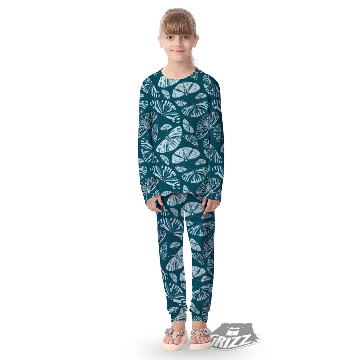 Butterfly Turquoise Print Pattern Kid's Pajamas-grizzshop