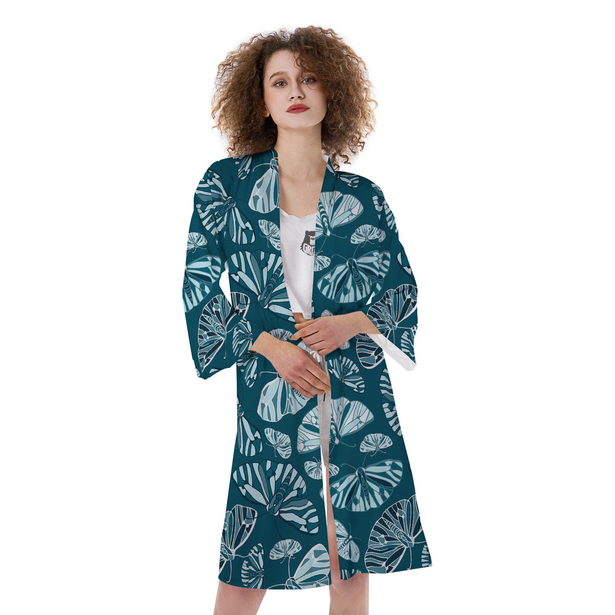 Butterfly Turquoise Print Pattern Kimono-grizzshop