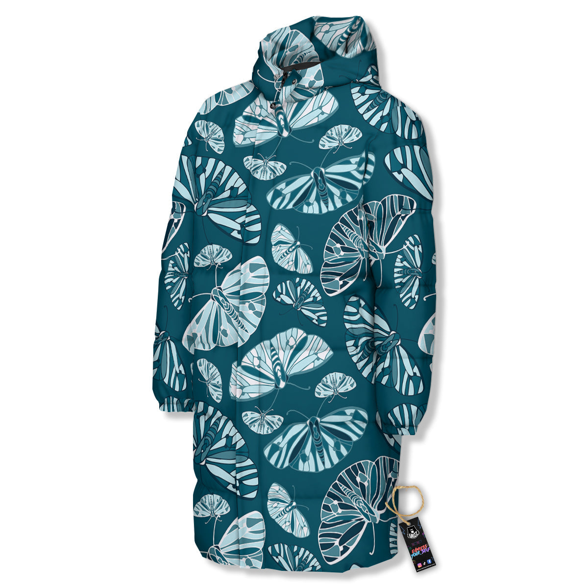 Butterfly Turquoise Print Pattern Long Down Jacket-grizzshop