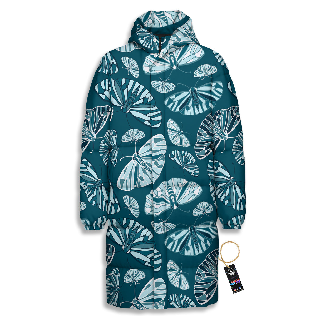 Butterfly Turquoise Print Pattern Long Down Jacket-grizzshop
