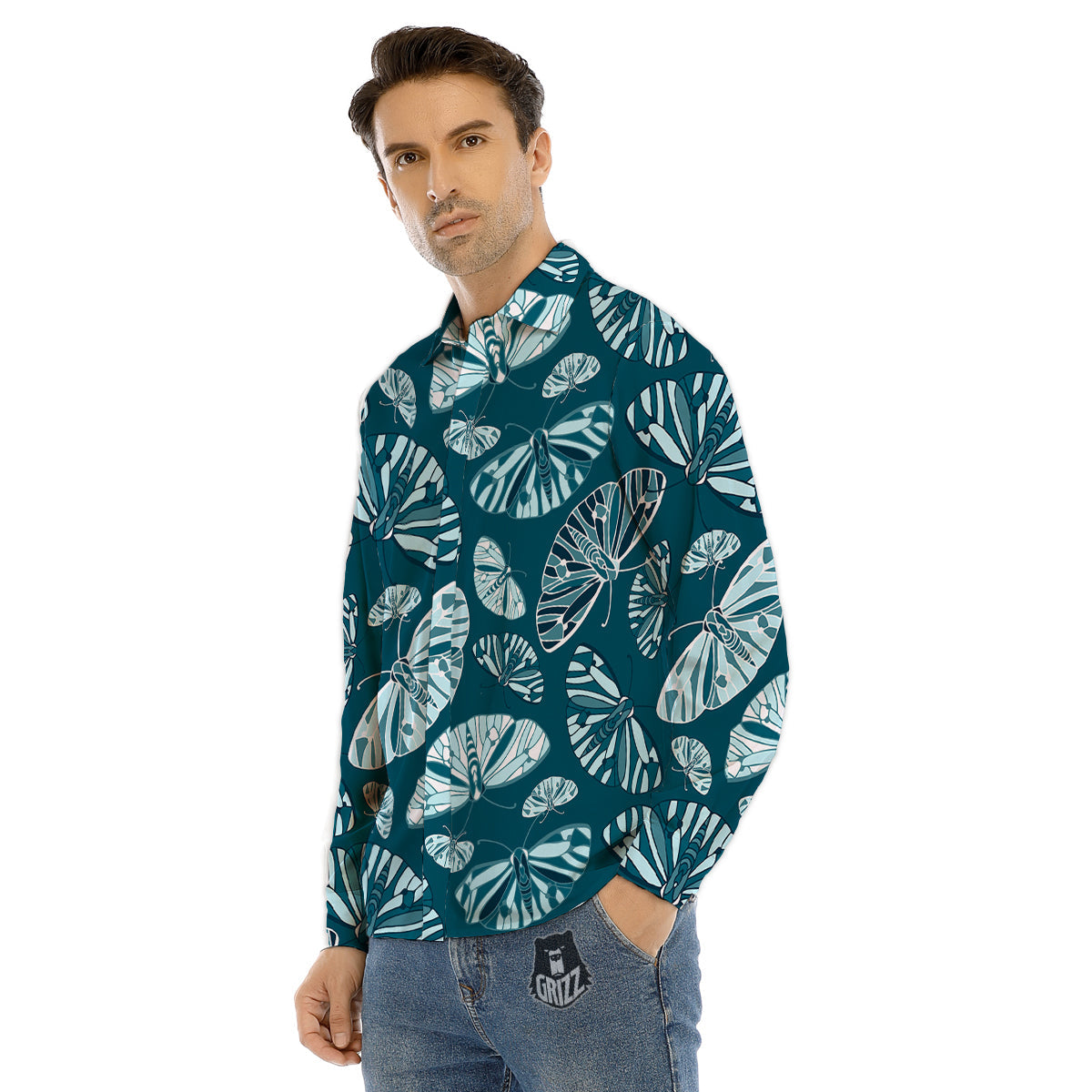 Butterfly Turquoise Print Pattern Men's Dress Shirts-grizzshop