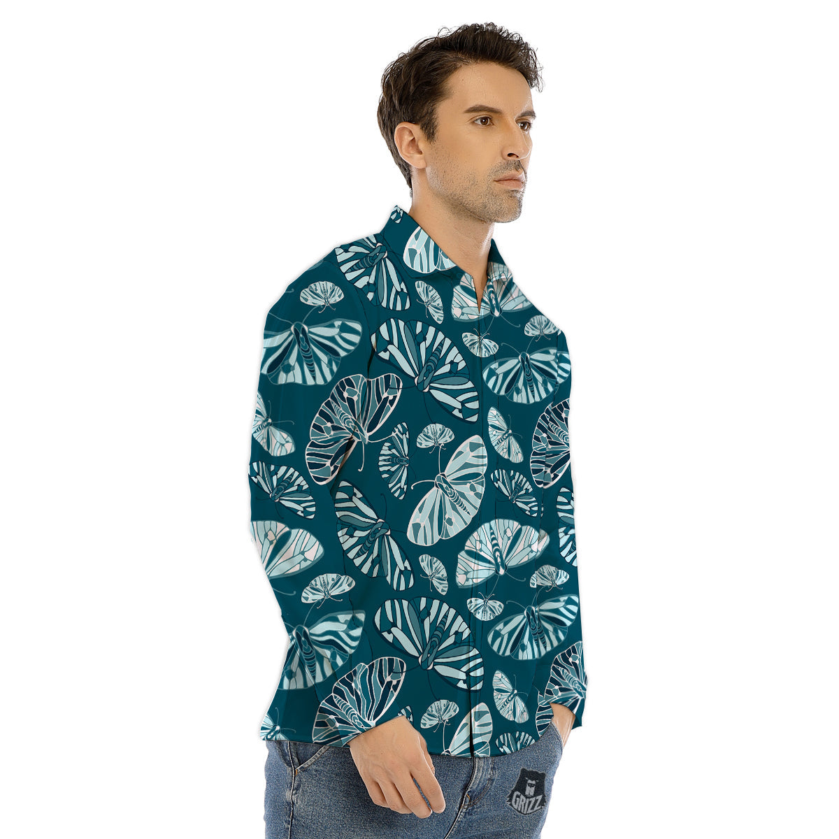 Butterfly Turquoise Print Pattern Men's Dress Shirts-grizzshop