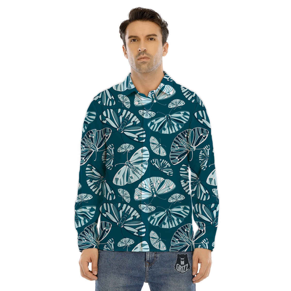 Butterfly Turquoise Print Pattern Men's Dress Shirts-grizzshop
