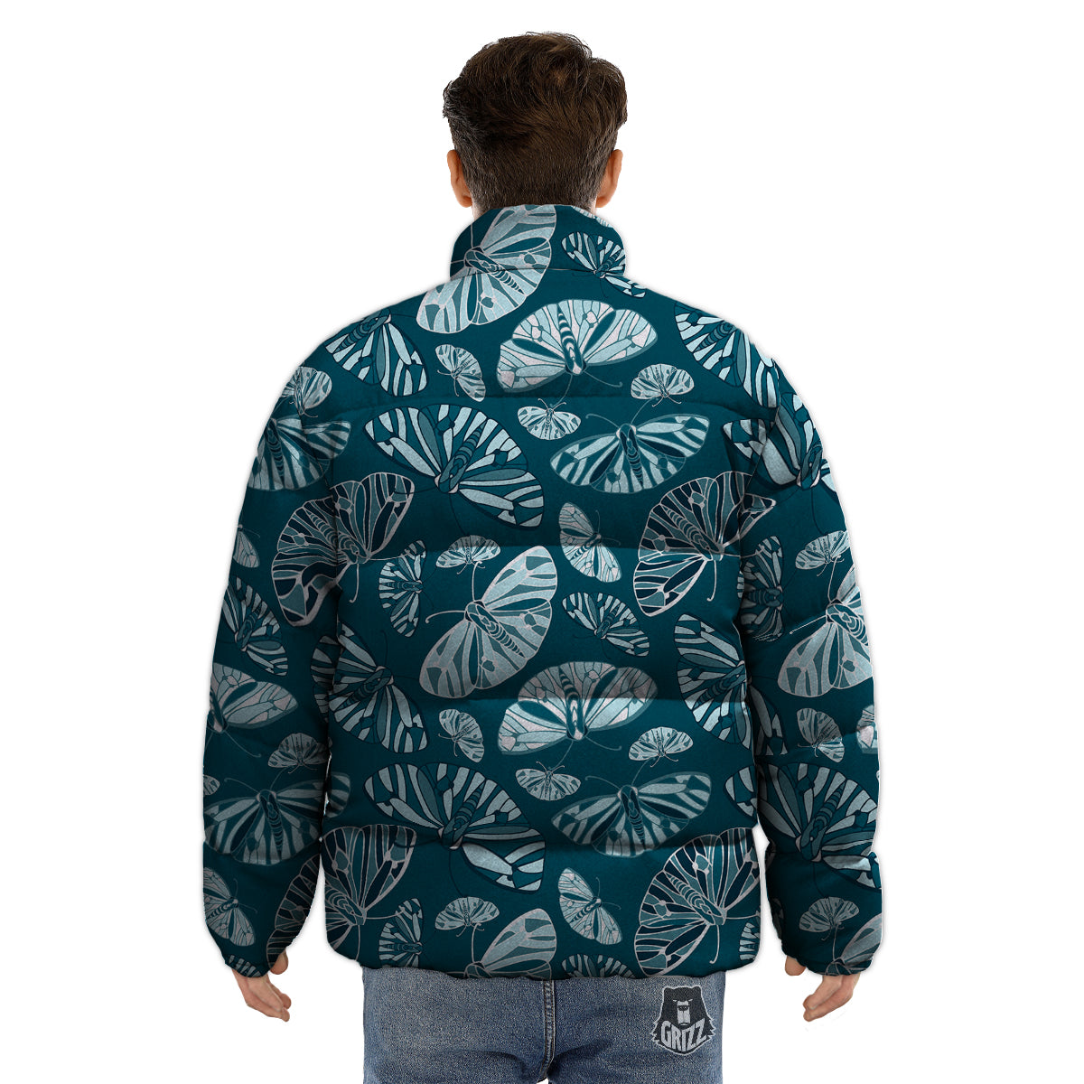 Butterfly Turquoise Print Pattern Puffer Jacket-grizzshop